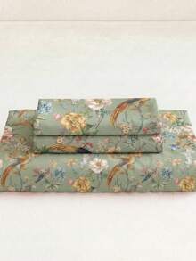 3pcs Flower And Bird Branch And Leaf Prints Fitted Sheet Set - Includes 1 Fitted Sheet & 2 Pillowcases, Soft Polyester With Nostalgic Pattern, Breathable & Machine Washable,VintageStyle ,FloralBedding ,RetroHome - Multicolor - View 7