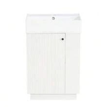 55 Cm Freestanding Bathroom Vanity With Ribbed Wood-Look Finish, High-Quality Ceramic Sink, Removable Toilet Paper Holder, And Thoughtful Storage – Without Faucet, Grey - 白色 - 查看 8