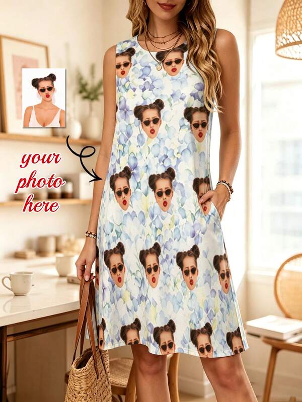 Customizable Women's Sleeveless Dress, Customizable Portrait, Pet Head, And Floral Pattern, Plus Size Elegant Women's Clothing, Casual Summer Dress