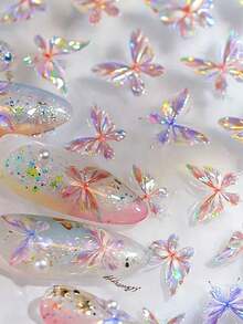 1pc Ice Crystal Aurora Laser Butterfly Embossed Nail Art Stickers, Multiple Transparent Iridescent Butterfly Designs With English Elements, Brilliant Colorful Light Effect Under Light, Thin Material Fits Closely To Nail Surface Without Curling, Shiny And Exquisite For Photos, DIY Materials For Ice-Transparent Gradient Gel Nails And Fairy-Style Wearable Nails - Multicolor - View 5
