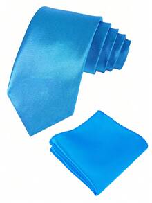 1 Set Men's Solid Color 8cm Necktie & Pocket Square Set, Satin Tie & Handkerchief Set, Business Necktie & Pocket Square,Festival,Graduation Gift - Lake Blue - View 2