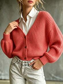 Women's Ruffle Collar Fabric-Covered Button Lantern Sleeve Loose Knit Cardigan – Simple Casual Versatile Fall Winter Daily Wear Sweater - Hot Pink - View 5
