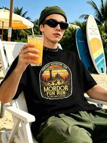 Men's "Mordor Fun Run" Graphic Print T-Shirt, Made Of Quality Fabric, Crew Neck, Loose And Comfortable Fit, With Art Print. - Black - View 6