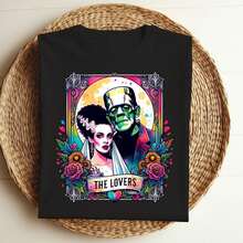 [Universal Tshirt]Bride Of FFrankenstein Shirt, FFrankenstein Love Shirt, Halloween Shirt, Lovers Tarot Card, Horror Tshirt, Vintage Halloween , T13 - Black - View 1