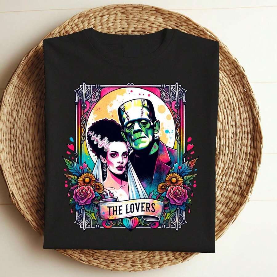 [Universal Tshirt]Bride Of FFrankenstein Shirt, FFrankenstein Love Shirt, Halloween Shirt, Lovers Tarot Card, Horror Tshirt, Vintage Halloween , T13 - Black - View 1
