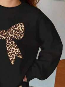 Casual löst sittande sweatshirtset för flickor med rosetttryck, lämpligt för höst/vinter, vinteroutfit för unga flickor - Svart - Visa 4