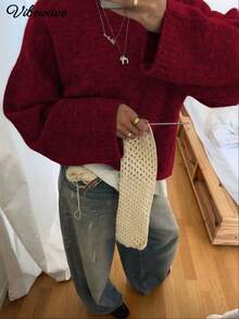 VIBEWAVE Vintage American Style Crew Neck Sweater, Casual Cozy High-End Knit Pullover For Autumn/Winter - Red - View 1