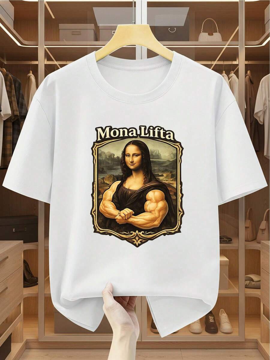 Plus-Size Men's T-Shirt, 100% Cotton, Printed With The Image Of The Mona Lisa, Featuring A Design Of A Muscular And Powerful Mona Lisa, Comfortable An - White - View 1