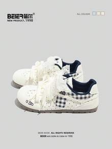 BEIER Women's Contrast Color Cartoon Casual Shoes, Patchwork Sports Lace-Up Round Toe Low-Top Leather Flat Sneakers - Blue and White - View 3