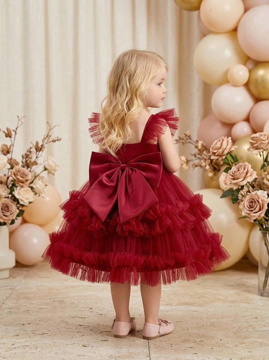 Baby Girls Bow Tulle Cute Wedding Dress Suitable For Birthday Party, Headband Not Included - Burgundy - View 1