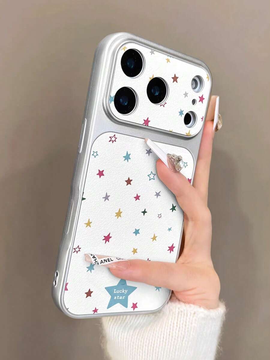 1件大窗全螢幕彩色星星印花極簡手機殼,白色至荔枝紋理,相容 13/14/15/16/17 PRO PROMAX PLUS 及更多機型,全覆蓋大窗手機殼 - 星星 - 查看 1