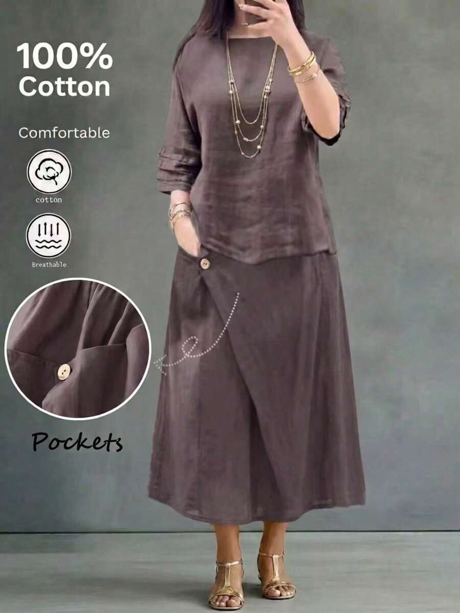 Conjunto de dos piezas de blusa casual de unicolor con puños de volantes multicapa y falda con diseño de botones asimétricos y bolsillo, estilo vintage básico elegante para primavera/verano - Marrón Mocha - Ver 1