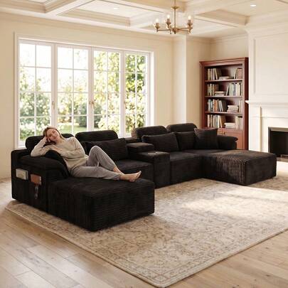 YQzyphyna 147" Modern Cloud U-Shaped Modular Sectional Sofa Bed, Corduroy Compressed Couch No Assembly Required With Cup Holders & Side Storage For Living Room, Home Theater, Villa, Apartment & Study