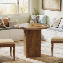 LITTLE TREE 80cm Brown 2-Seater Round Dining Table Ribbed Wooden Base Compact Kitchen Small Apartment Decor - Oak - View 6