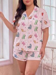 2pcs/Set Plus Size Women's Pajama Set, Cute Dinosaur Family Print, Women's Loungewear, Spring/Summer Holiday Outfit, Short Sleeve Lapel Top And Shorts, Can Be Worn As Casual Wear - Multicolor - View 4