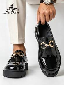 Salkin Mocasines de suela gruesa tipo lug clásicos de diseñador para hombre, zapatos casuales de lujo asequible, cuero charol, parte superior de unicolor, plataforma, estilo preppy, zapatos para estudiantes de vuelta a la escuela, para ir al trabajo, oficina, negocios, zapatos formales, moda para hombre, versátiles, elegantes, para uso diario, caballero, pareja, cita, cena romántica, regalo de vacaciones, zapatos para hombre para todas las estaciones - Negro - Ver 8
