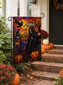 1 pieza Bandera de jardín de lino de Halloween, con estampado de vidriera de la parca, calabaza, cuervo, luna llena, puerta del cementerio y telaraña, con funda para poste, decoración gótica para exteriores para césped, porche, patio, camino, casa embrujada y decoración de fiesta de Halloween - Multicolor - Ver 5