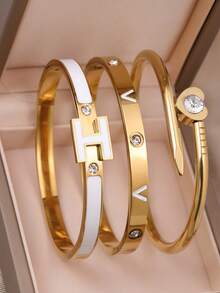 3pcs/1pc Luxury Gold & Pink Floral Bracelet Set - Roman Numeral & Crystal Stackable Bracelets, Waterproof Stainless Steel Women's Jewelry, Perfect Gift For Girlfriend And Mom - White - View 4