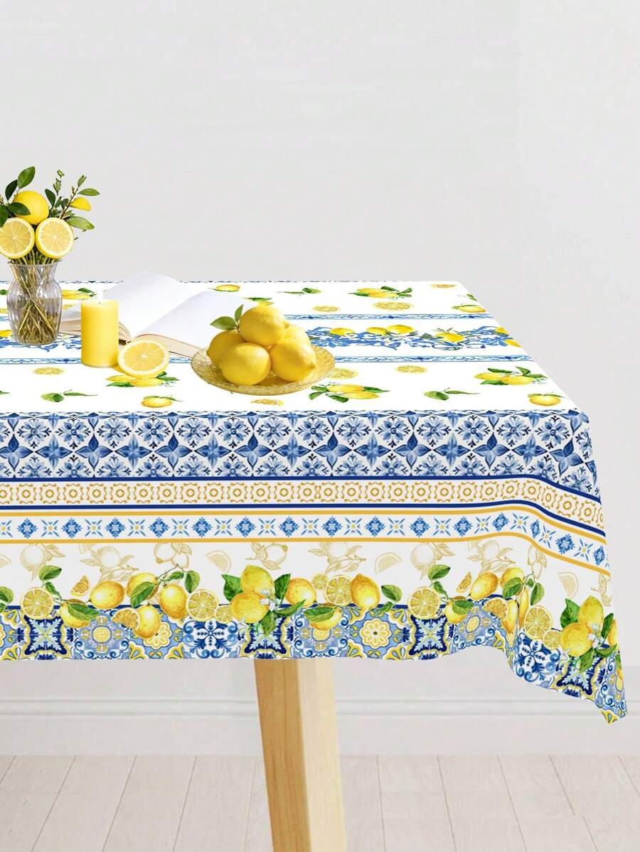 1pc Mediterranean Lemon Disposable Plastic Tablecloth,137*183cm Yellow Lemon Pattern Table Cover,Elegant Summer Kitchen Party Decor For Home Dining
