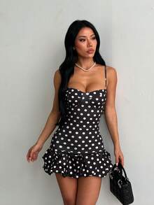 Women's Summer Polka Dot Spaghetti Strap Mini Dress, Designer Style, Party, Evening, Back To School - Black - View 2