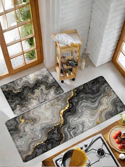 1pc Black Gold Gilded Ink Wash Marble Kitchen Mat, Black Gold Quicksand Marble Lightweight Bathroom Mat, Black Gold Gilded Marble Kitchen Floor Mat 2pcs Set, Luxury Fluid Texture Non-Slip Oil-Resistant Foot Mat, Ink Wash Quicksand Gold Line Absorbent Long Mat, Kitchen Bathroom Apartment Hotel Dust Removal Combination Mat, High-End Abstract Texture Entryway Foot Mat, Minimalist Luxury INS Kitchen Door Mat