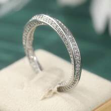 Twisted silver löftesring, infattad med gnistrande vit kubisk zirkonia, delikat tunn bröllopsringstillbehör, minimalistisk och mångsidig, lämplig för par som löfte, förlovning och daglig användning - Silver - Visa 6