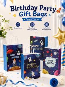 4 piezas Bolsas de regalo de papel con estampado de astronauta y planeta con asas, bolsas de recuerdos de fiesta con tema de galaxia y espacio exterior, bolsas de embalaje de regalo de feliz cumpleaños, adecuadas para dulces y aperitivos, suministros de decoración de fiesta temática - Multicolor - Ver 5