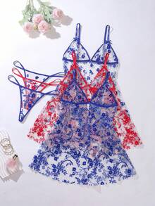 Plus Size Sexy Lingerie Set, Nightgown & Robe Set, Mesh Dress With Floral Pattern, Matching Panty Set, 6-Piece Combo - Multicolor - View 1