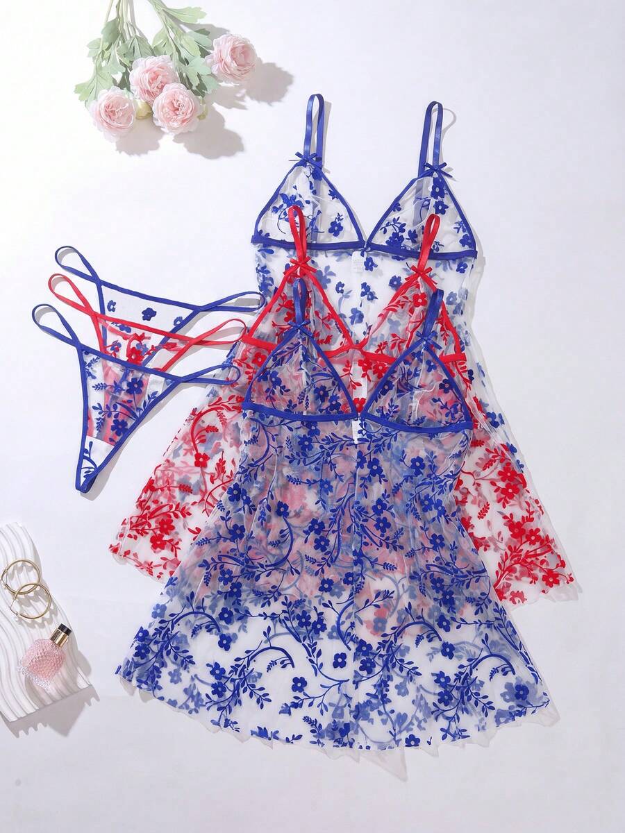 Plus Size Sexy Lingerie Set, Nightgown & Robe Set, Mesh Dress With Floral Pattern, Matching Panty Set, 6-Piece Combo - Multicolor - View 1