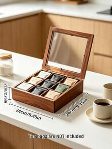 1pc Wooden 9 Grid Tea Bag Storage Box Divided Tea Packet Organizer Multi Compartment Tea Caddy For Kitchen Countertop Coffee Station Home Decor Housewarming Gift - Brown - View 11