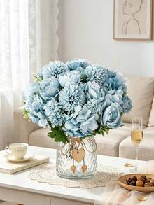 1 Bundle Of Simulated Peony Hydrangea Chrysanthemum Bundle - Suitable For Weddings, Home Decoration, Desktop Ornaments, School Season Gifts, Graduation Ceremony Gifts, Autumn Decoration - Baby Blue - View 1