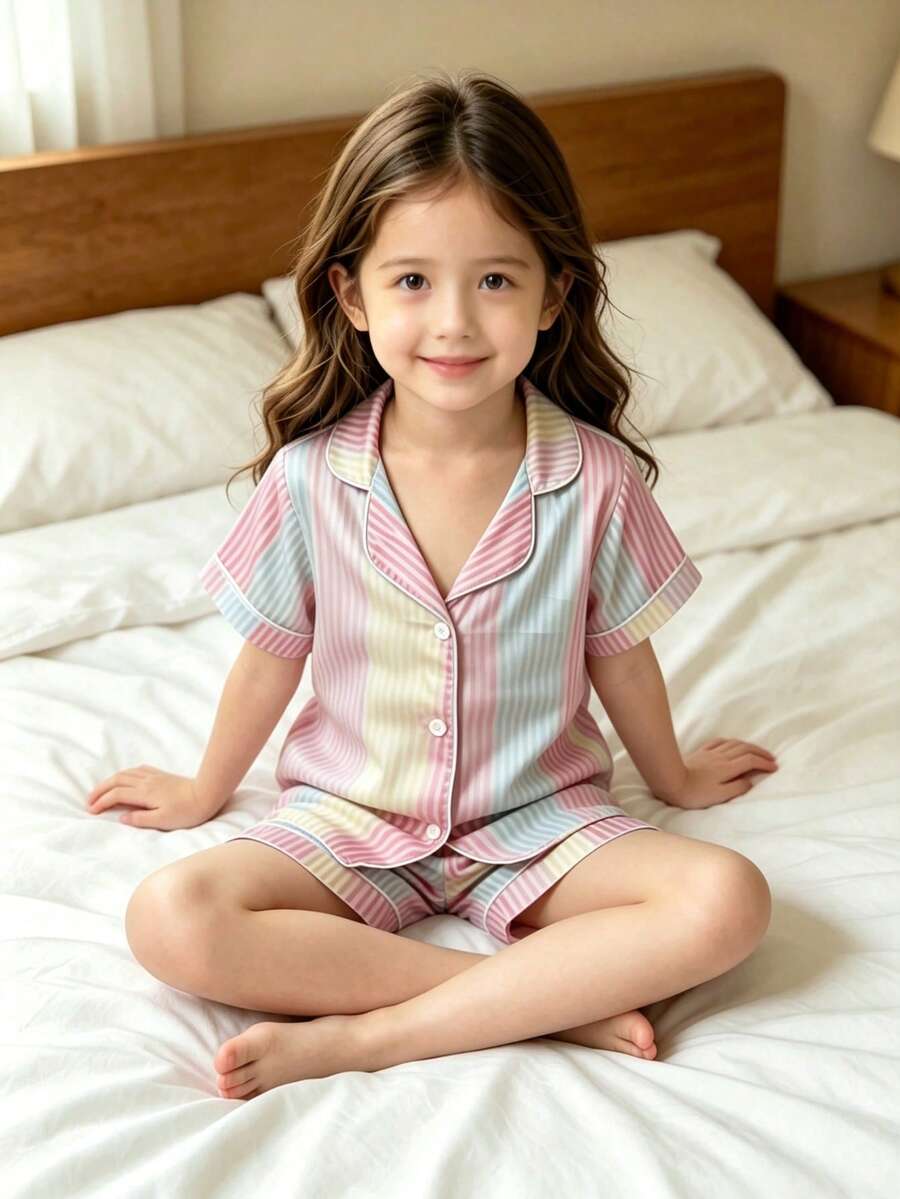 Pyjama en soie de glace à rayures macaron pour filles, ensemble de détente d'été rafraîchissant à manches courtes & shorts - Jaune citron - Voir 1