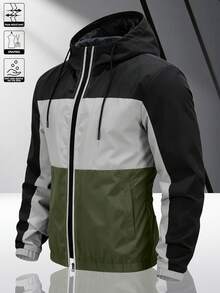 Men's Colorblock Patchwork Hooded Jacket, Lightweight Windproof Fabric, Drawstring Design, Casual Commute, Versatile Style - Army Green - View 2
