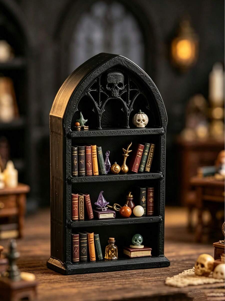 Dark Gothic Style Mini Bookshelf, Vintage Church Arch Design + Skull Carving, Mysterious Atmosphere, 3-Tier Design For Storing Mini Ornaments And Jewelry, Practical Storage Rack And Dark Home Decor Ornament, Create Your Exclusive Niche Aesthetic Space - Multicolor - View 1