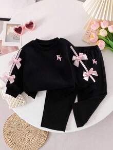 Baby Girl Letter Pattern Ribbon Bow Decor Round Neck Long Sleeve Top And Pants - Black - View 1