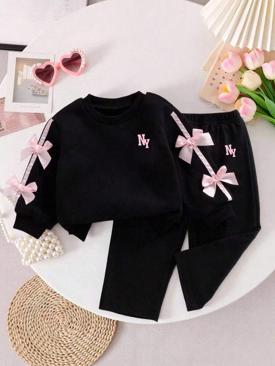 Baby Girl Letter Pattern Ribbon Bow Decor Round Neck Long Sleeve Top And Pants - Black - View 1