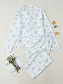 Women's Star Print Long Sleeve Long Pants Bubble Crinkle Pajama Set - Baby Blue - View 7