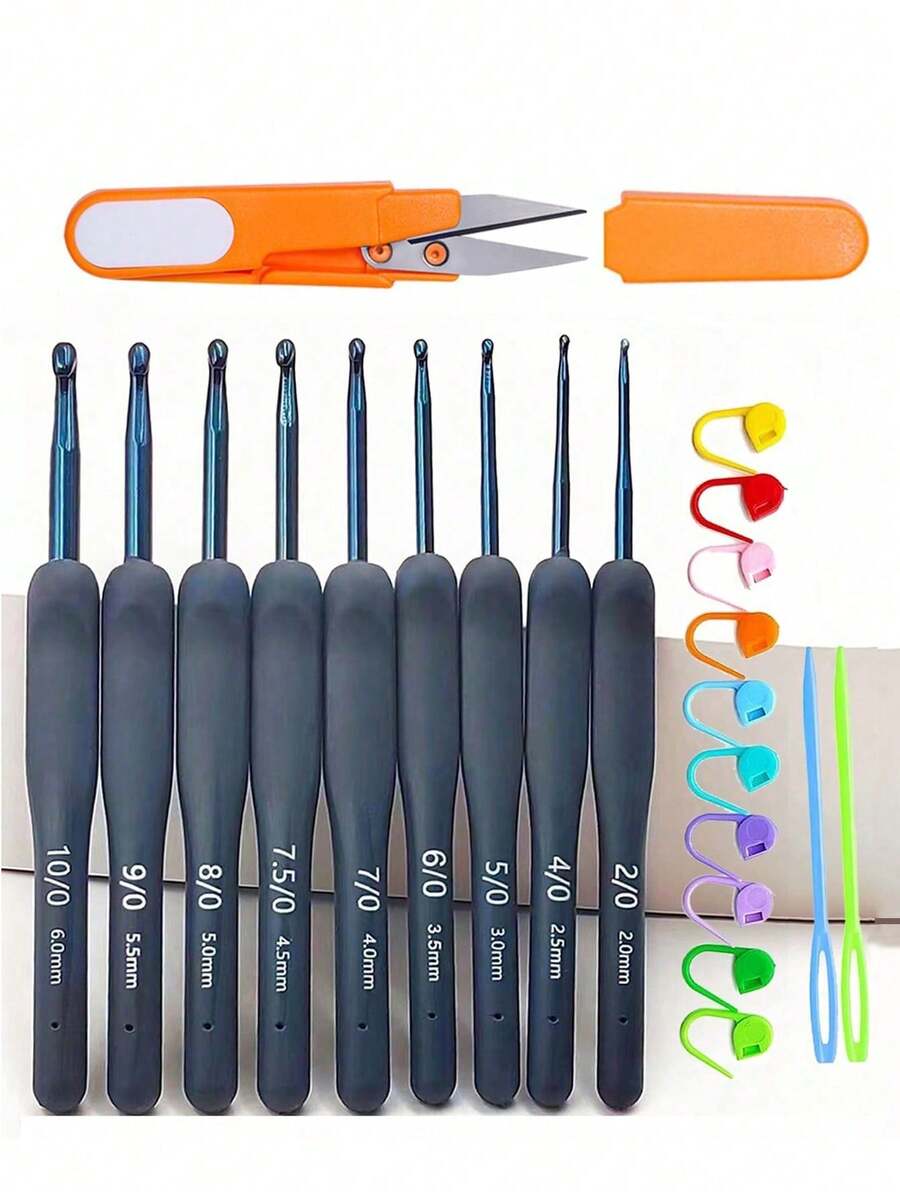 EDCUEBE7 9pcs Soft Handle Crochet Hook Set, 2-6mm Ergonomic Crochet Hooks, Blue Soft Touch Aluminum Crochet Needles, Suitable For Beginners/Professionals, Exquisite Knitting Crochet Supplies (Accessory Color Random) - Blue Crochet Hook - View 1