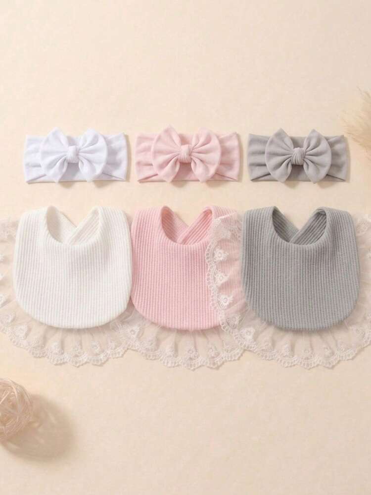 6pcs Girls Summer Fresh Solid Color Cute Lace Trim Baby Bibs & Bow Headband Set, Infant Drool Bibs - Multicolor - View 8