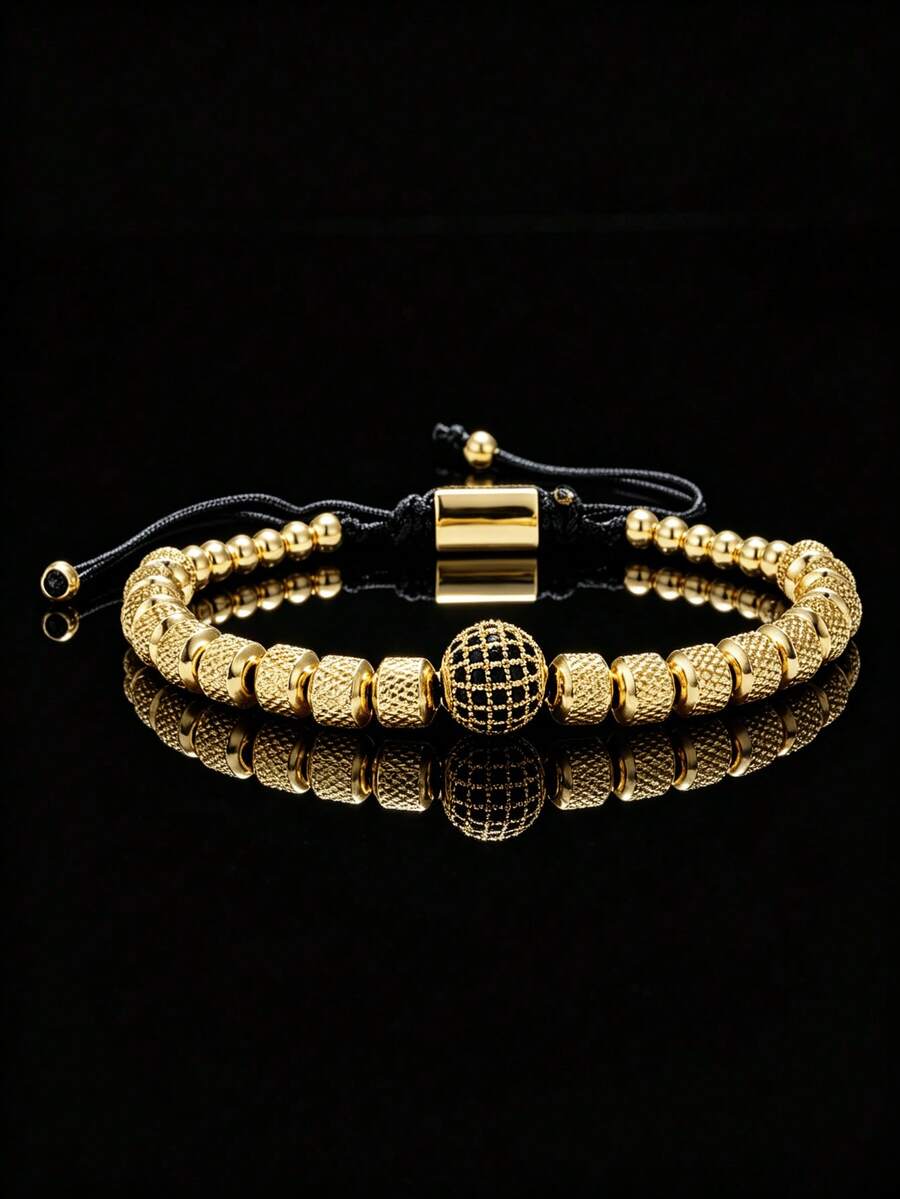 1pc Luxury Stainless Steel Micro-Inlaid Zirconia Ball Decor Braided Rope Bracelet, Suitable For Daily Wear, Can Be Given As A Gift To Boyfriend, Friend, Birthday Party (Bead Quantity Randomly Matched Combination)