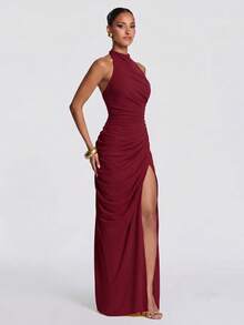 2026 New Solid Color Elegant Mature Sexy Knit Fabric High Slit To Thigh Dress For Party, Wedding, Date, Homecoming, Wedding Guest, Formal Evening Event, Summer - Burgundy - View 2