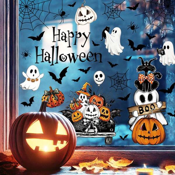 9pcs Happy Halloween Cartoon Window Stickers, Ghost, Black Cat, Pumpkin Truck, Bat, Spider Web Static Cling Window Decals, Cozy Halloween Home Party Decoration