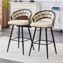 Set Of 2 Beige Velvet Bar Stools With Black Iron Legs, Modern Kitchen Island Countertop Height Chairs - Black - View 1