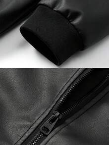 Men's Autumn/Winter Motorcycle PU Leather Jacket, Black Long Sleeve Zipper Motorcycle Style Sports Jacket - Black - View 8