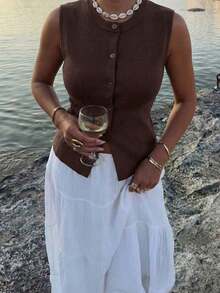 Women's Summer Sleeveless Casual Knit Top With Button Design, Fashionable And Elegant, Essential For Work, Daily Wear And Outings - Brown - View 6