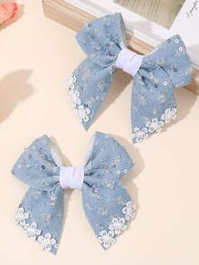 4pcs/2pcs Blue Minimalist Bow Hair Clips, Denim Fabric Floral Print, Glitter Sequin Hair Clips, Hair Accessories Gift For Kids And Teenagers For Kids Daily School Wear - Multicolor - View 11