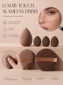 12pcs Makeup Brush Set, 6 Makeup Brushes, Basic Flat And Round Head Makeup Brushes, Suitable For Liquid Foundation, Loose Powder, Blush, Eyeshadow, Includes 6 Makeup Sponges, Easily Create Flawless And Smooth Makeup, Suitable For Travel, Party, Touch-Up, Gift, Personal Use And Other Occasions, Professional And Practical Makeup Brushes, Complete Makeup Tool Set - Coffee Brown - View 13