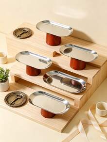 1pc Stainless Steel Silver Oval Tray + Solid Wood Base, Cosmetic Storage Organizer . Perfume Display Tray . Bedroom Nightstand Organizer Tray, . Kitchen Spice Storage . Entryway Key Tray . Office Desk Organizer, Home Daily Storage Essential, Holiday Party Serving Tray And Platter, Family Gathering Blessing Ritual Home Banquet Display, Cosmetic Jewelry Storage Tray, Christmas Halloween Gift. - Silver - View 2