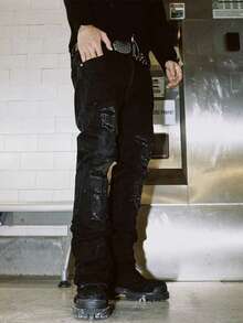 Men's Slim Fit Stretch Distressed Washed Casual Denim Jeans - Black - View 3
