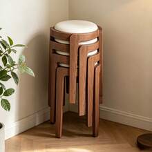 Solid Wood Stool Home Use Stackable Upholstered Bench Living Room Minimalist Modern Sturdy Durable Small Round Stool Dining Table Chair - Beige - View 1